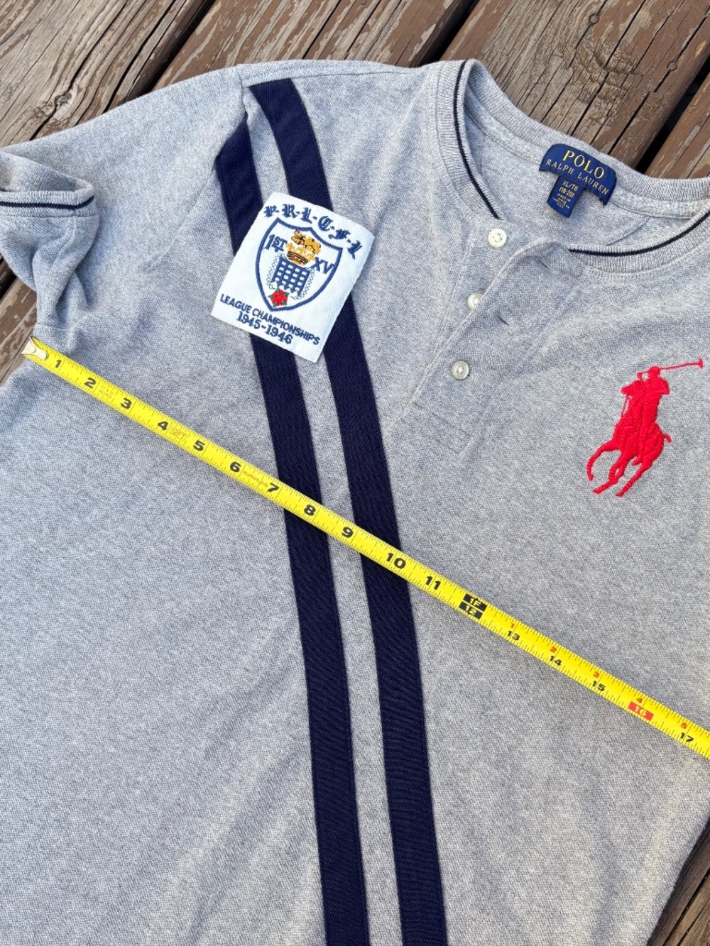 Polo Ralph Lauren Henley Shirt – Grey w/ Big Pony & Stripes (Boys XL / Unisex S) - Picture 3 of 7